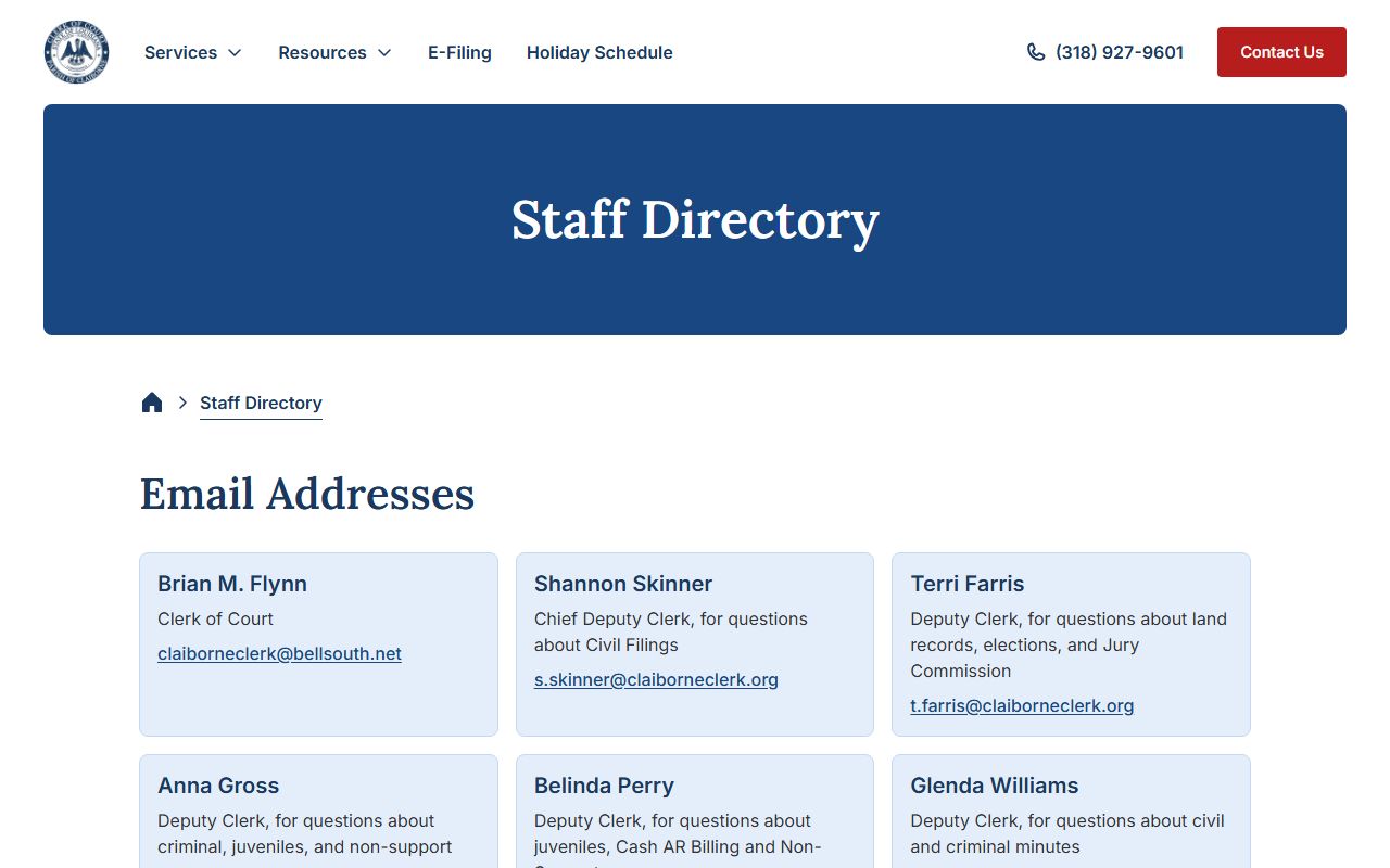 Claiborne Parish Clerk of Court staff directory records access