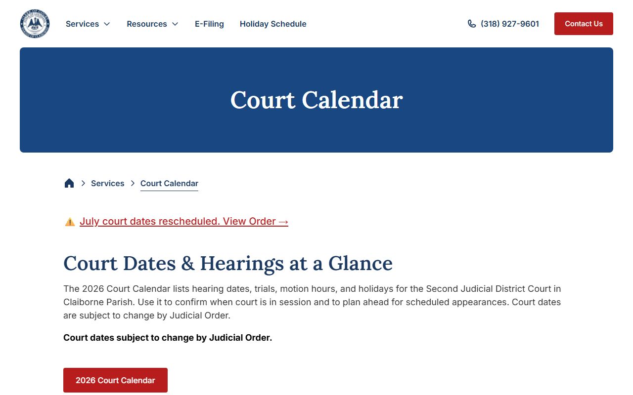 Claiborne Parish court dockets Second Judicial District Court calendar