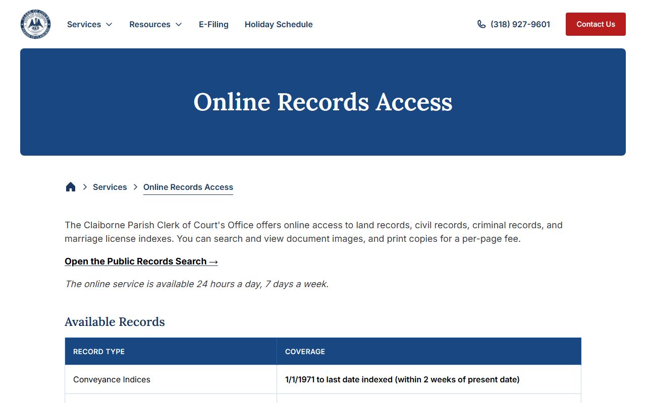Claiborne Parish court records online records access page