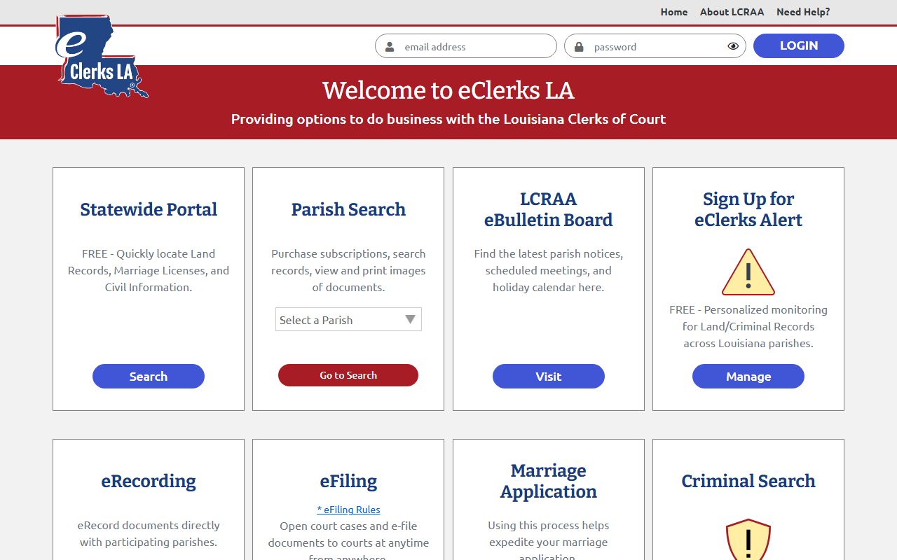 Claiborne Parish court records LCRAA eClerksLA statewide portal