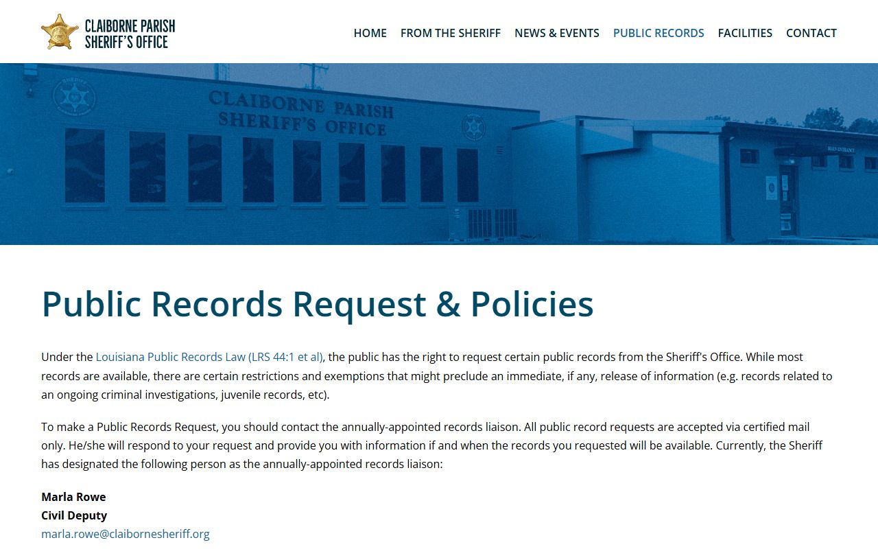 Claiborne Parish criminal court records sheriff public records request policy
