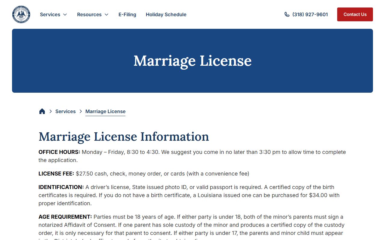 Claiborne Parish marriage records Clerk marriage license service page
