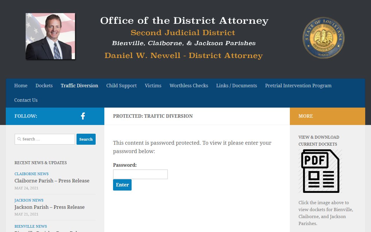 Claiborne Parish traffic court records Second Judicial District Attorney traffic diversion page