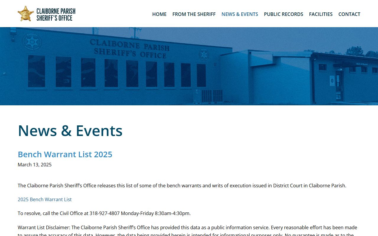 Claiborne Parish warrant records sheriff bench warrant list news item